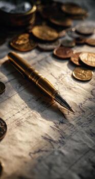 A pen and coins on a paper with sunlight photo