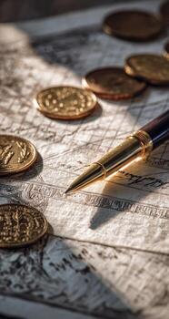 A pen and coins on a map photo