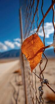A leaf is hanging on a fence in the desert photo