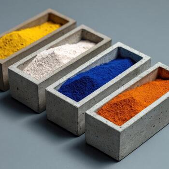 Three different colored powders in concrete boxes photo