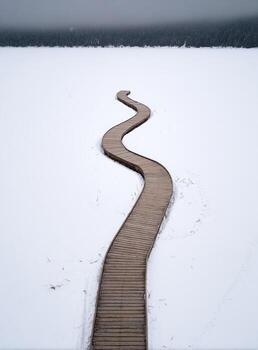 A long wooden path leads to a frozen lake photo