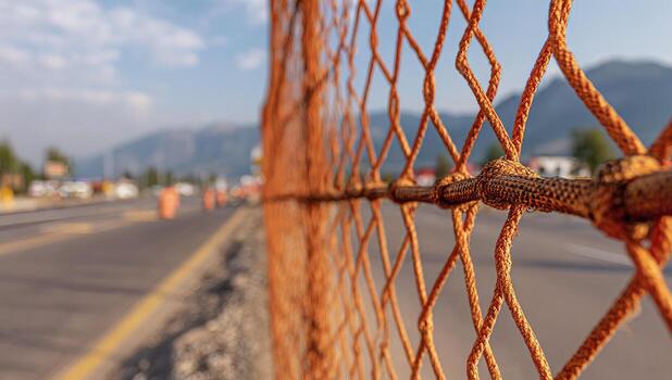 A close up of a fence with orange netting photo