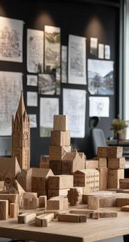 A wooden model of a city on a table photo