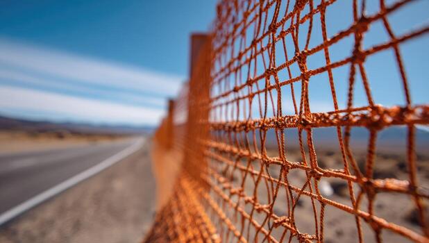 An orange fence is on the side of the road photo