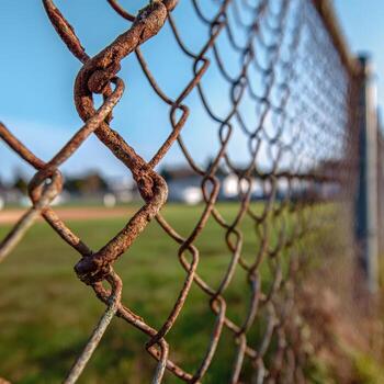 A chain link fence with a baseball field in the background photo