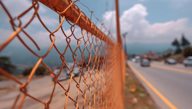A chain link fence with a view of a road photo