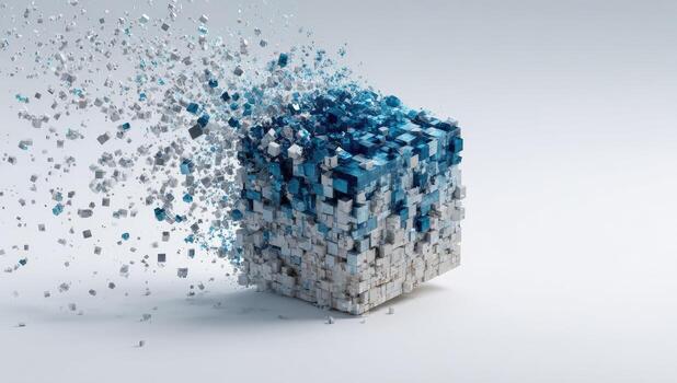 A cube with blue and white pieces falling out photo