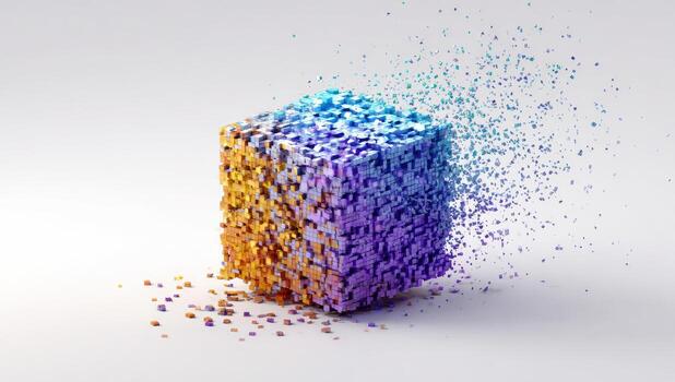 3d rendering of a cube with colorful pieces photo