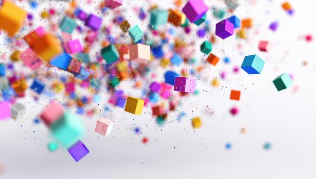 Colorful cubes flying in the air on a white background photo