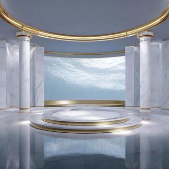 A large marble room with columns and a large pool photo