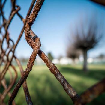 A rusty chain link fence with a green field in the background photo