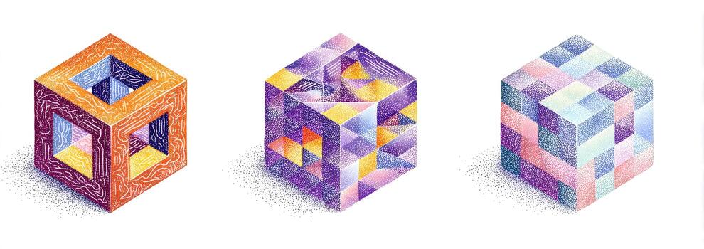 Three different colored geometric shapes are shown photo