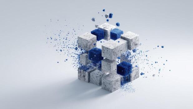 3d rendering of a cube with blue paint splatters photo