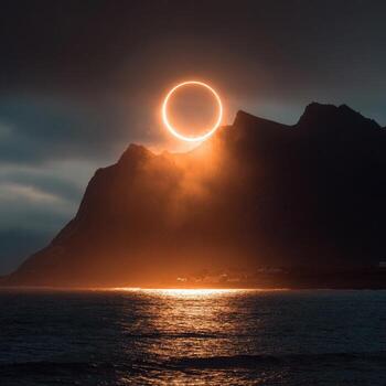 The sun is seen in the middle of a ring over a mountain photo