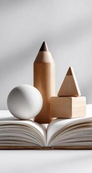 A book with a pencil, an egg and a wooden cube photo