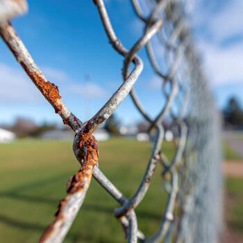 A rusty chain link fence with a baseball field in the background photo