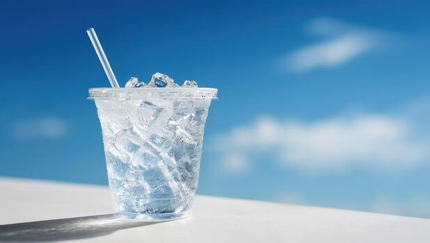 A glass of ice water with a straw on a table photo