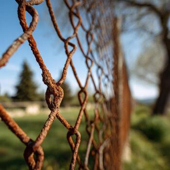 A rusty chain link fence with a tree in the background photo