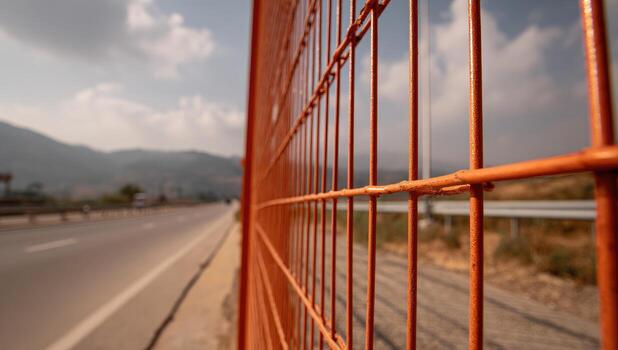 A fence on the side of a road with mountains in the background photo