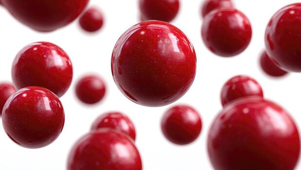 Red candy balls floating in the air photo