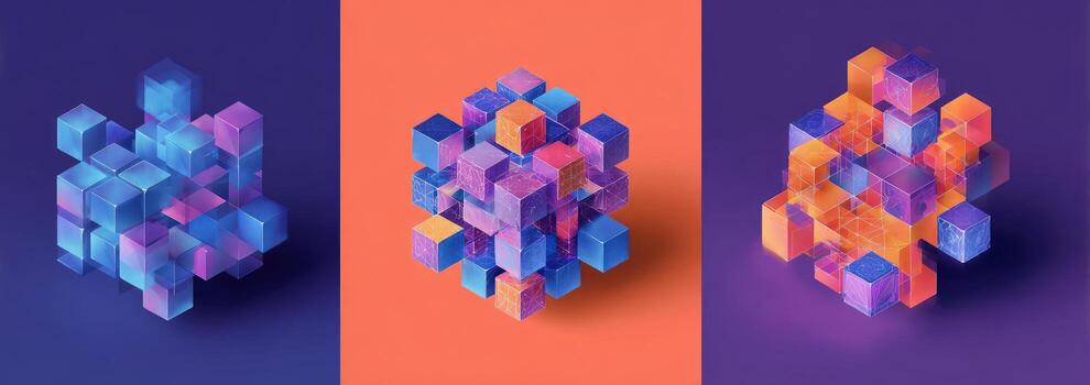 Three different colored cubes on a purple background photo