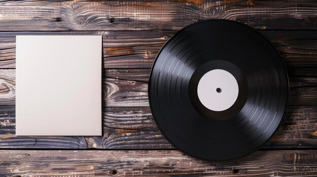 Vinyl record on wooden background with blank paper photo