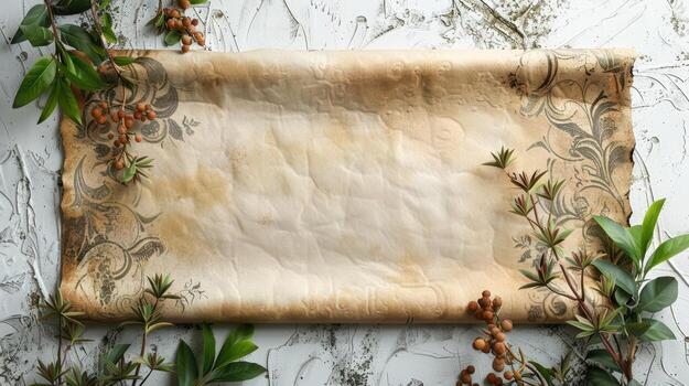 An old parchment scroll with leaves and flowers photo