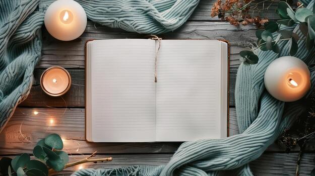 An open notebook with candles and eucalyptus leaves on a wooden background photo