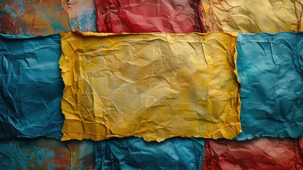 Colorful crumpled paper background with a red, yellow and blue square photo