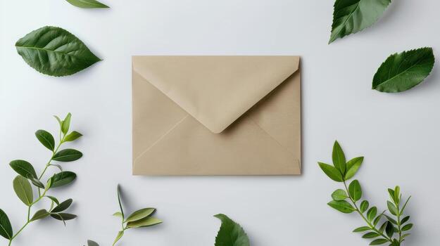 Envelope with leaves on white background photo
