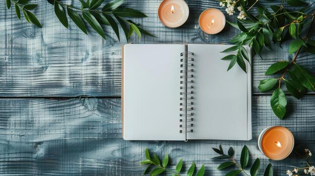 Blank notebook with candles and leaves on wooden background photo