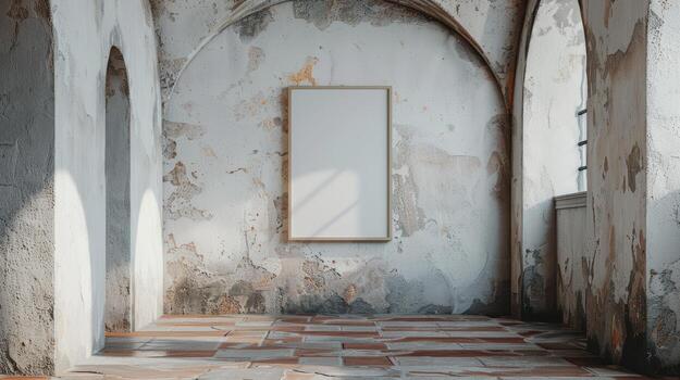 A white frame hanging on the wall of an old building photo