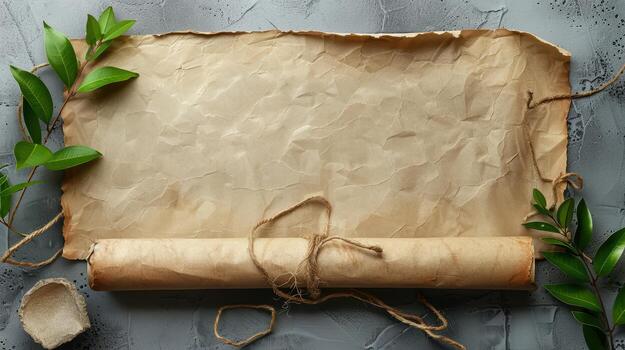 An old scroll with leaves and a piece of paper on a gray background photo