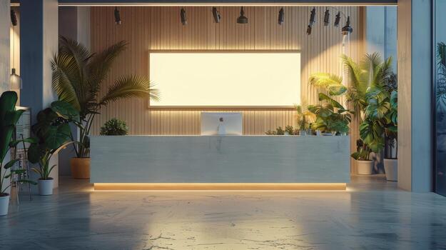A modern office with a reception desk and plants photo
