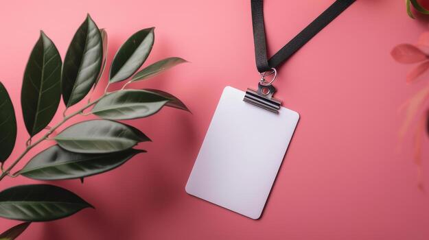 A blank white card with a black lanyard attached to it is next to a plant photo
