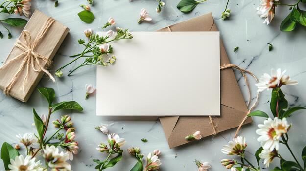 Blank card with flowers on a marble background photo