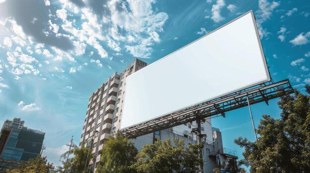 An empty billboard on a street with a blue sky photo