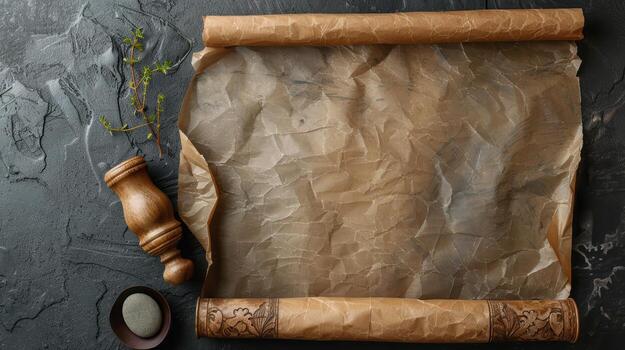 An old parchment scroll with a wooden rolling pin and a spoon photo