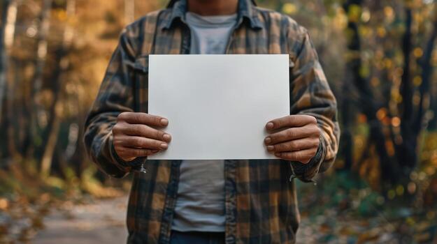 A man holding up a blank paper in the woods photo