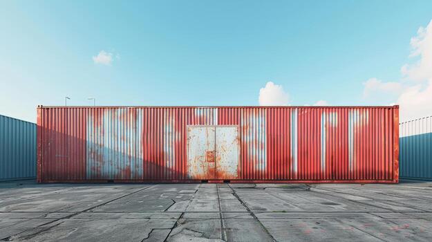 A red container sitting in an empty lot photo