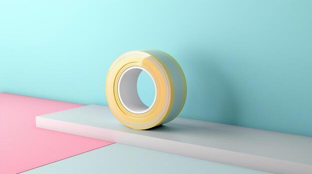 A yellow and pink roll of tape sitting on a table photo