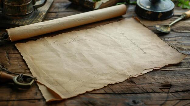 An old parchment with writing on it sits on a wooden table photo