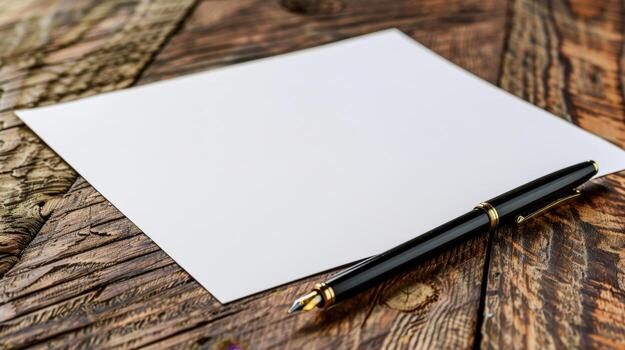 A white paper with a pen on a wooden table photo