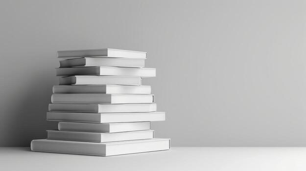 Stack of books on a table against a gray wall photo