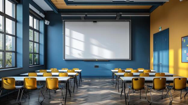 A classroom with yellow chairs and a projector screen photo