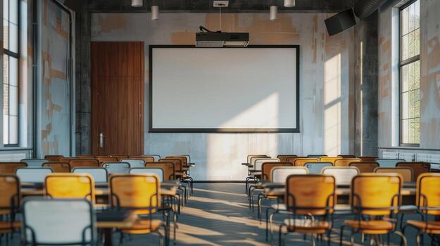 Empty classroom with projector screen and chairs photo