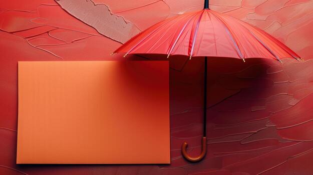 un rojo paraguas y un cuadrado pedazo de papel en un rojo antecedentes foto