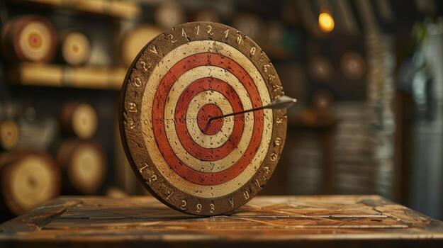 A dart is in the center of a target photo