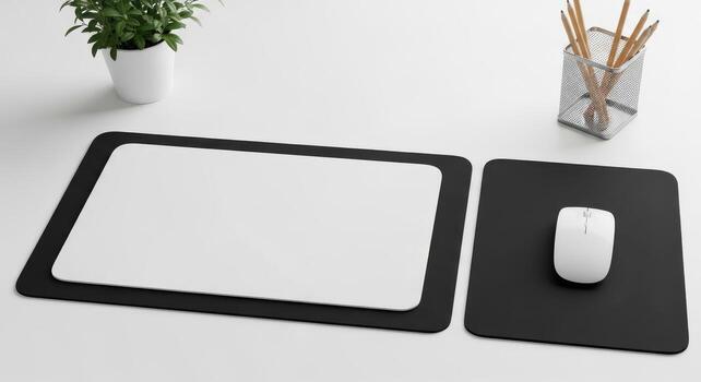 Modern Minimalist Desk Setup with Blank Mat and Mouse photo