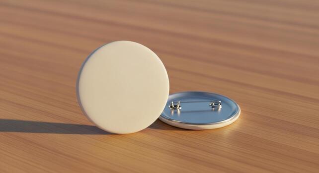 Blank Oval Button Badge Mockup on Wood photo